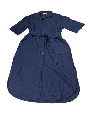 Babaton XS Navy Blue Linen-Blend Short-Sleeve Button-Down Shirt Dress (X922)